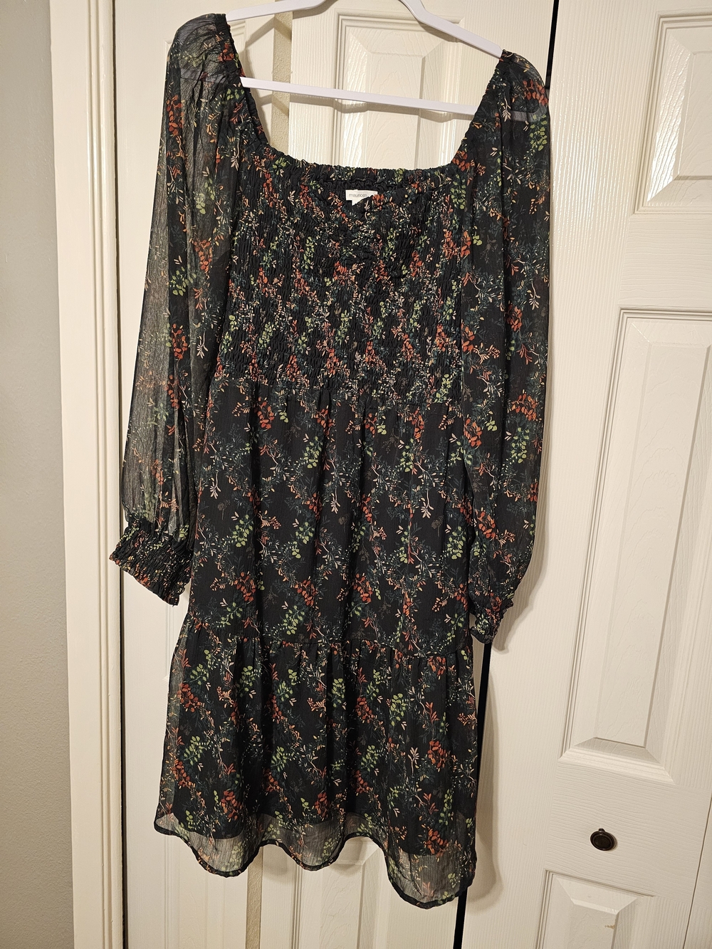 Maurices Black Floral Smocked Long Sleeve Dress with Green and Rust Accents